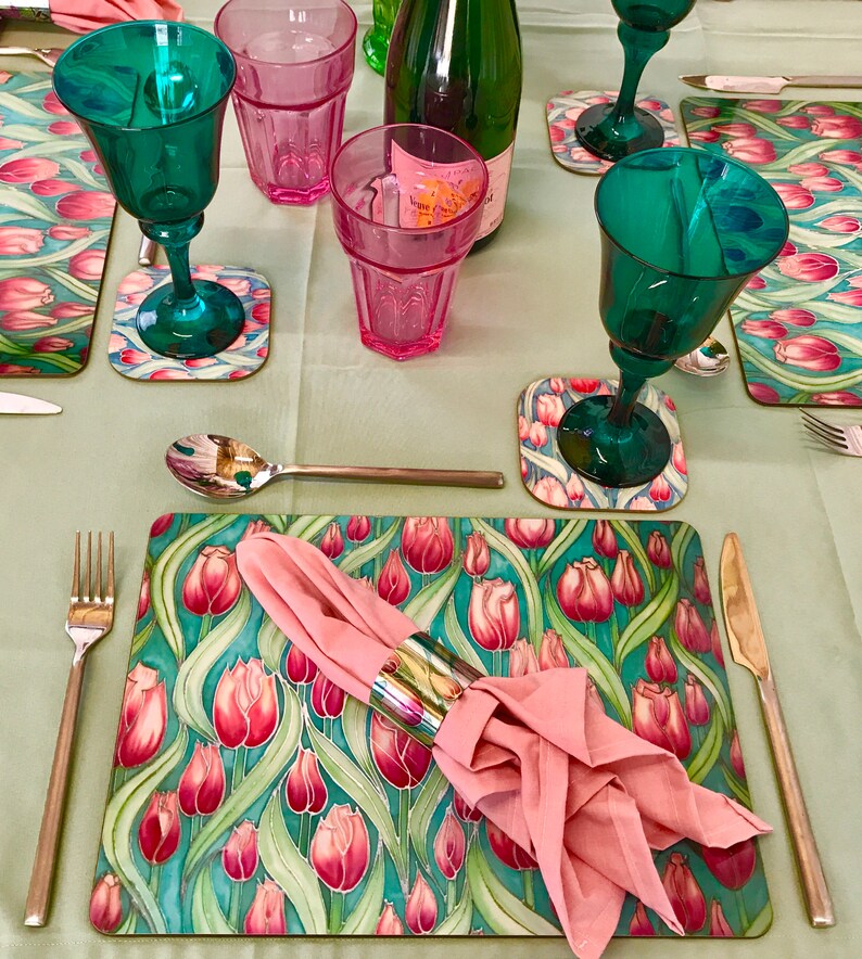 Tulips Rectangular Placemats and Coasters Pink Green Dining Etsy UK