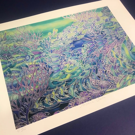 Tropical Fish Coral Reef Art PRINT  - UNMOUNTED - Blue, Green, Purple & Turquoise - Marine, Ocean, Sea Lovers Art