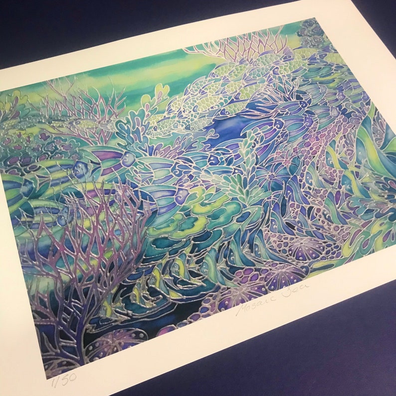 May include: A colorful abstract print of a mosaic sea with a blue, green, and purple color scheme. The print is signed "Mosaic Sea" and numbered "1/50".