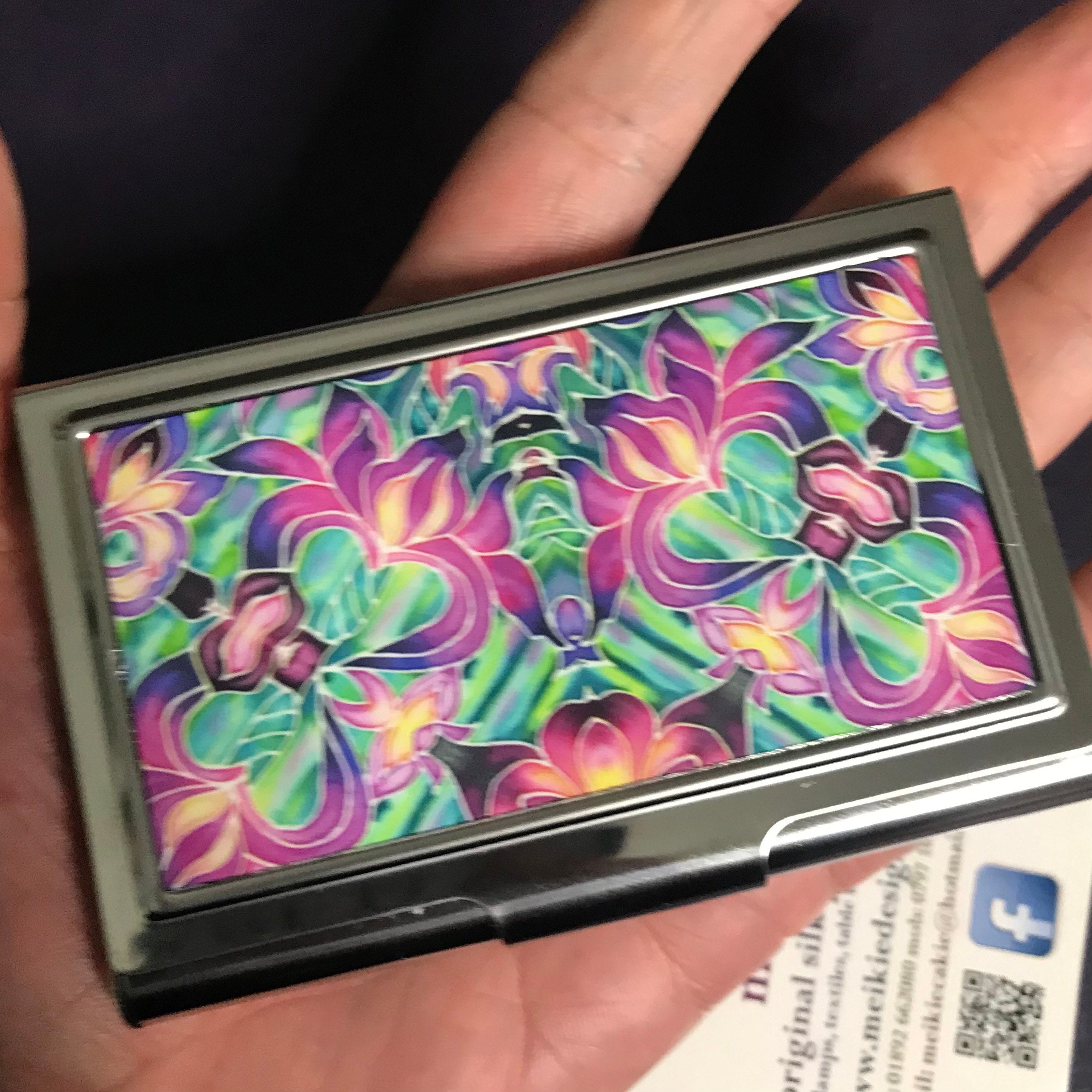 porte-carte de visite art nouveau iris - étui carte rose violet vert cadeau bureau pour elle rangement d'introduction fleurs