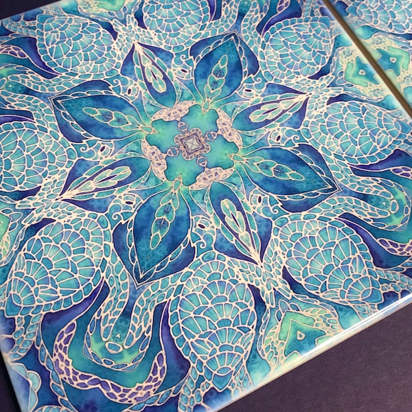 Blue Turtles Mandala Wall Tile - Ultramarine, Grey, Aqua Home Decor - Sea Turtle Kitchen Tile - Sea Life Tile Coasters
