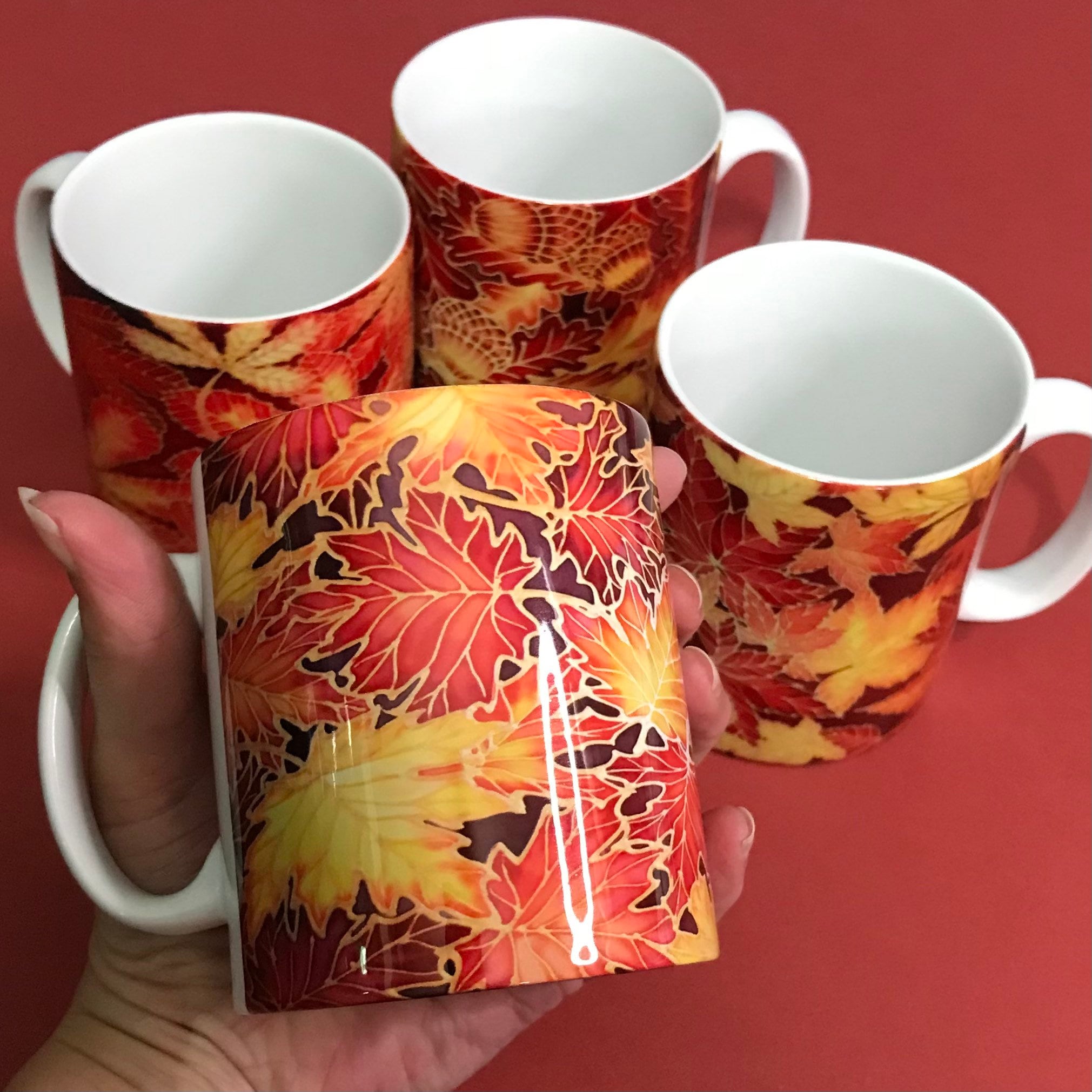 Autumn Leaves Mugs Set of Four Different Leaf Designs in Red