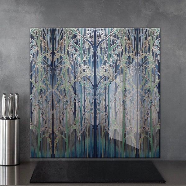 Tranquil Forest Meditation Splashback 60x60cm - Arts and Crafts painterly teal green blue sage grey - Statement Bathroom Kitchen Wall Art.