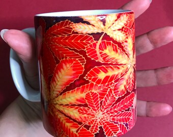 Juego de taza de cerámica con hojas de otoño o taza y posavasos con hojas de castaño de Indias - Color otoñal: rojo, amarillo y chocolate - Regalo para amantes del té y el café