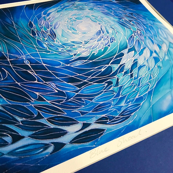 Mesmerising Shoal in Ocean Waves - Mounted PRINT from Hand Painted Silk - Navy, Prussian, Ultramarine and Aqua Blue Swirling Sea Water