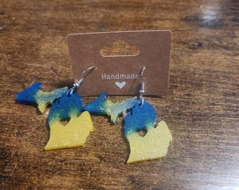 Handmade Michigan Shape Earrings: Blue Yellow Glitter Design