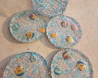 Handmade Resin Easter Coasters: Chick, Bunny, Egg Decorations