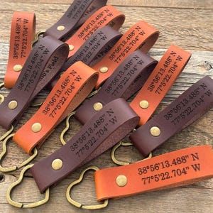 Personalized Leather Keychain: Custom Text, Coordinates, Latitude Longitude - USA Made