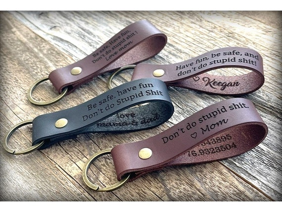 Personalized Leather Keychain, Funny Teen Gift, Engraved Keyring