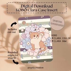 Op de afbeelding: Digitale download Kobo Clara case insert met een cartoon kat en bloemen. De insert heeft afgeronde randen en uitsparingen. Het ontwerp is beschikbaar in kleur en zwart-wit.