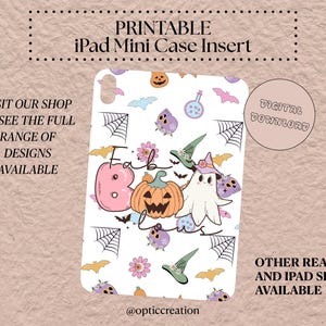 May include: Printable iPad Mini case insert with a Halloween theme. The design features a ghost, pumpkins, bats, and the word "Fab-Boo". The insert is a digital download.