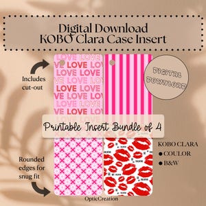 Op de afbeelding: Digitale download Kobo Clara case-inzetstukken. De bundel bevat vier printbare ontwerpen: "Love" tekst, roze strepen, roze XOXO patroon en rode lippen met "Be My Valentine" tekst. Inclusief uitsparing en afgeronde randen.