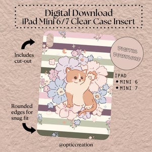 May include: Clear iPad Mini 6/7 case insert with a cat illustration. The design features a light brown and white cat surrounded by flowers in shades of pink, blue, and purple. The case has rounded edges and includes cut-outs.