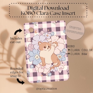Op de afbeelding: Digitale download Kobo Clara case insert met kattenillustratie. De case heeft een paars-wit ruitpatroon met bloemaccenten. Inclusief uitsparing en afgeronde randen voor een goede pasvorm. De tekst 'Digital Download' is zichtbaar.
