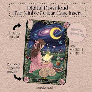 May include: Digital download iPad Mini 6/7 clear case insert. The design features a woman reading a book under a crescent moon and starry sky, with butterflies and cats. The case has rounded edges and includes cut-outs.