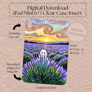 Pode incluir: Inserção de capa transparente para iPad Mini 6/7 com uma pintura de um campo de lavanda e um fantasma. O design inclui um pôr do sol e o texto "Digital Download".
