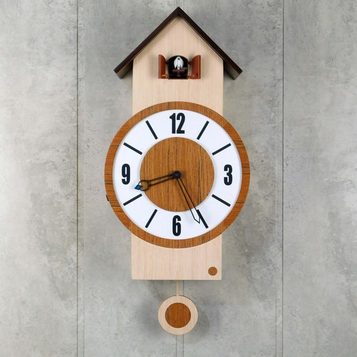 Modern Cuckoo Bird Wall Clock Solid Wood With White Etsy