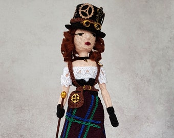 Amigurumi Crocheted doll, Art figurine Steampunk Lady, gift idea for girl and mom, ooak rag doll