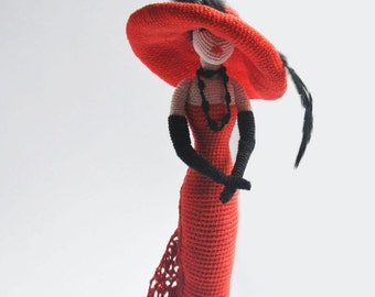 Bambola di stoffa, Bambola all'uncinetto, Bambola di pezza, Bambola Amigurumi, Signora in bambola rossa, Idea regalo per ragazza e mamma, bambola ooak