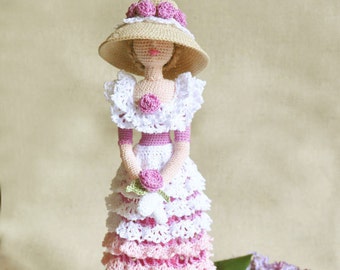 Cloth doll, Rag doll, Amigurumi Crocheted doll, Art doll Rose Lady,  gift idea for girl and mom, ooak amigurumi doll