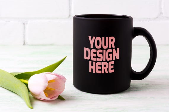 Black Coffee Mug Mockup With Tender Pink Tulip Flower
