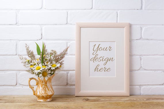 Wooden Frame Mockup With White Field Chamomile And Grass