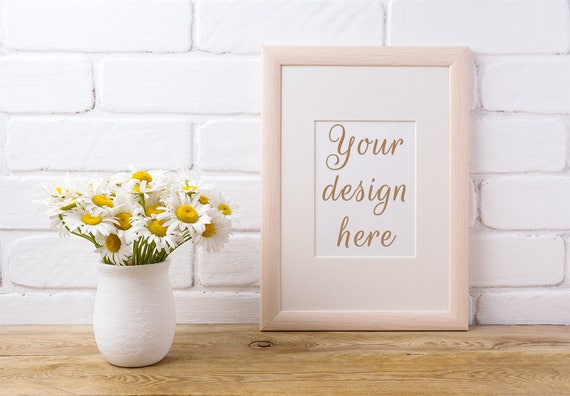 Wooden Frame Mockup With White Field Chamomile Bouquet In Wooden Frame Mockup With White Field Chamomile Bouquet In