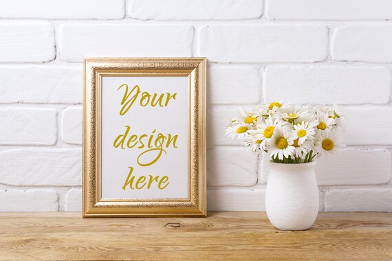 Golden Frame Mockup With White Field Chamomile Bouquet In Golden Frame Mockup With White Field Chamomile Bouquet In