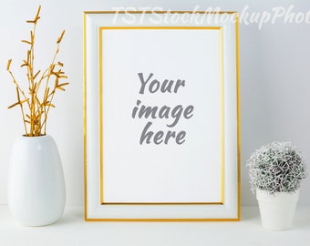 White frame mockup. Frame mockup. Poster Mockup. Styled mockup. Product mockup. Design Mockup. Gold frame mockup. Small cactus