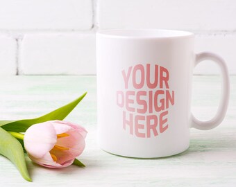 Download White coffee mug mockup with tender pink tulip flower ...