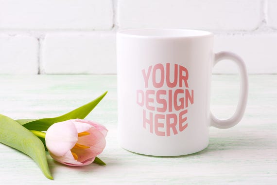 White Coffee Mug Mockup With Tender Pink Tulip Flower White Coffee Mug Mockup With Tender Pink Tulip Flower