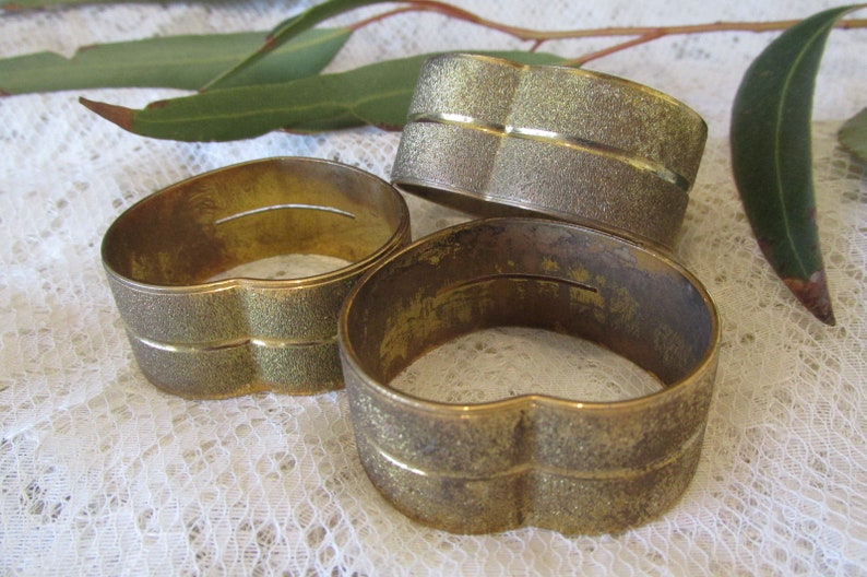 Vintage solid brass napkin rings set of 3 heart shaped napkin rings brass gifts brass anniversary gifts brass tableware. image 1