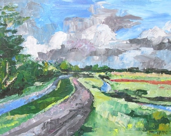 Landscape painting original acrylic on canvas panel country road fields and sky painting 30cm x 40cm wall art.