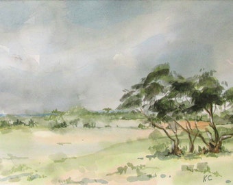 Original watercolour landscape painting Australian bush scene unframed 29cm x 21cm on paper.