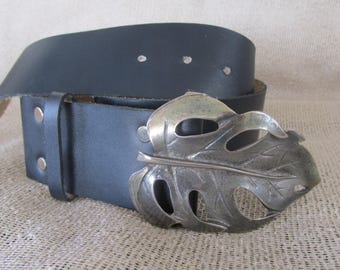 Black leather belt leather belt black belt leaf big buckle brass buckle boho belt hippie belt vintage 90s.