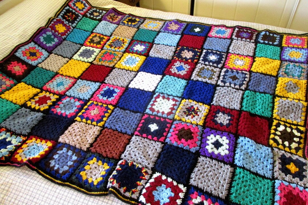 Granny Square Style Rag Rug Handmade Crochet Granny Square Rug Blanket Throw Rug Retro OOAK ...