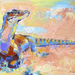 May include: A colourful painting of a lizard with a blue, yellow and orange body. The lizard is standing on a pink and yellow background with a blue sky in the distance.