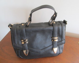 Vintage handbag black leather look handbag black handbag black purse brass trim pvc faux leather Sportsgirl brand vintage.