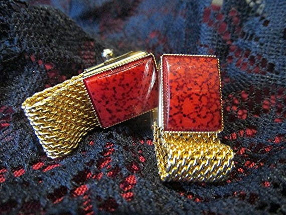 Dante cuff links gold tone mesh manmade gemstone resin vintage 70s mens accessories mans gift.
