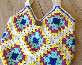 Handmade crochet granny square tote bag shoulder bag hippie crochet bag boho bag festival bag handcrafted gifts.