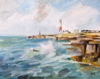 Original watercolour seascape painting seascape with lighthouse unframed 29cm x 21cm on paper.