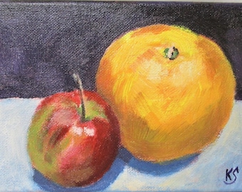 Still life painting original orange and apple acrylic on stretched canvas fruit painting 5 x 7 inch wall art.