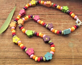 Girls beaded necklace colourful beaded necklace fun necklace coloured wooden beads seed bead necklace girls jewelry vintage gifts.