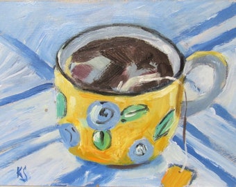 Framed still life painting original tea cup acrylic on wood painting image size 17cm x 12cm wall art.