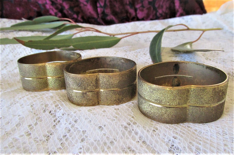 Vintage solid brass napkin rings set of 3 heart shaped napkin rings brass gifts brass anniversary gifts brass tableware. image 2