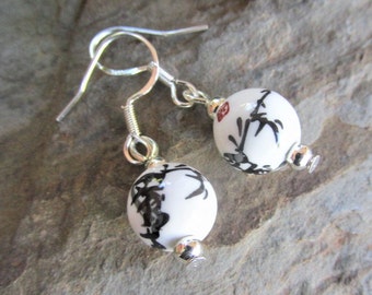 Ceramic bead earrings drop dangle earrings sterling silver ceramic bead Japanese Zen style bamboo motif earrings ceramic gifts.