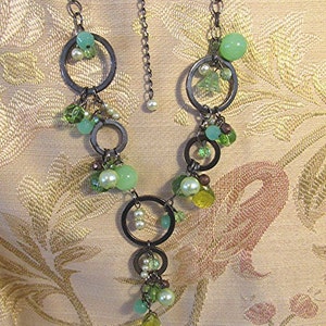 Beaded necklace Boho necklace hippie necklace faceted glass bead pearl bronze tone green theme vintage 90s Victorian style cosume jewelry.