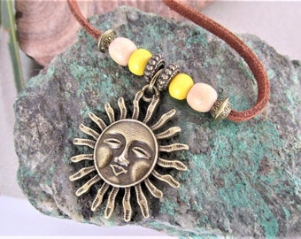 Sun pendant necklace wooden bead necklace witchcraft wicca pagan astrological pendant necklace bronze leather necklace jewelry gifts.