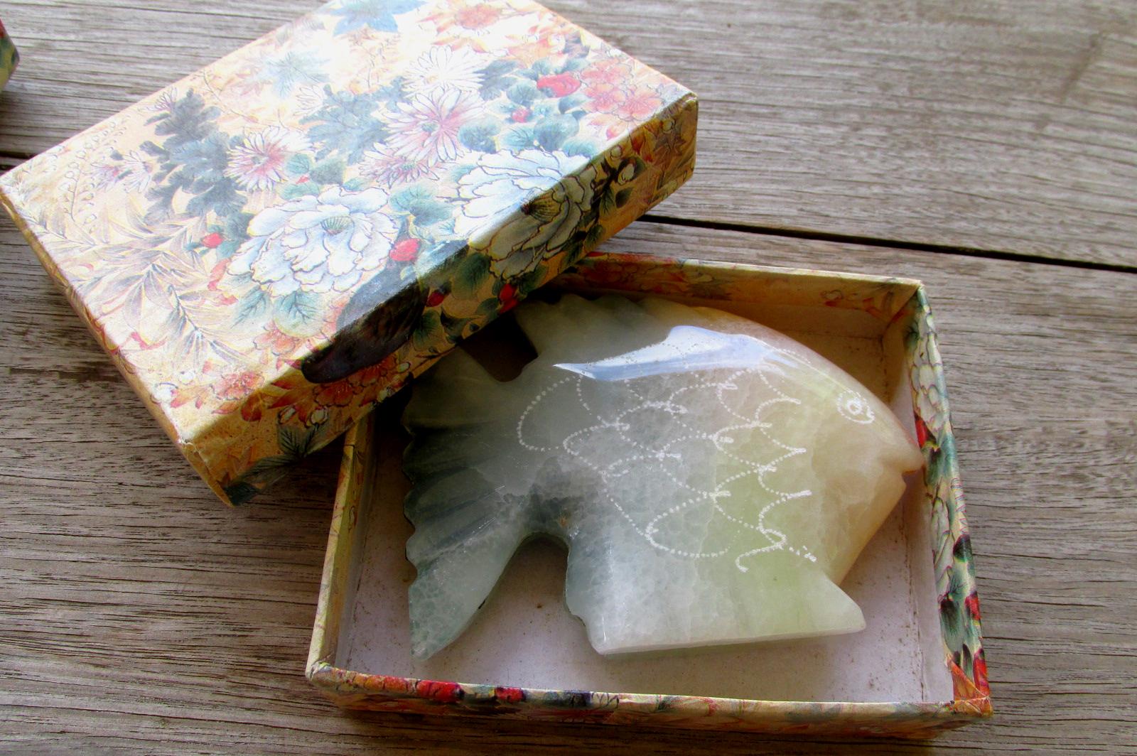 alabaster fish box Alabaster Fish Figurine Sculpture in Original Box Hand Carved Vintage 80s  Home Decor Fish Gifts