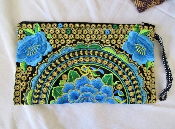 Embroidered clutch purse bag colourful made in Thailand Thai embroidery silk embroidered clutch purse blue yellow flower floral clutch gifts